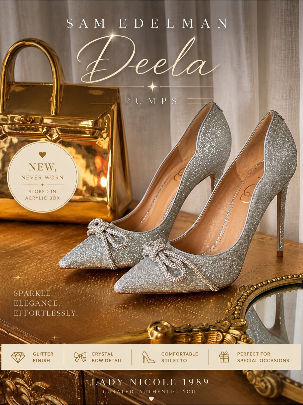 Sam Edelman Deela Silver Glitter Crystal Bow Pumps Heels Size 10 New
